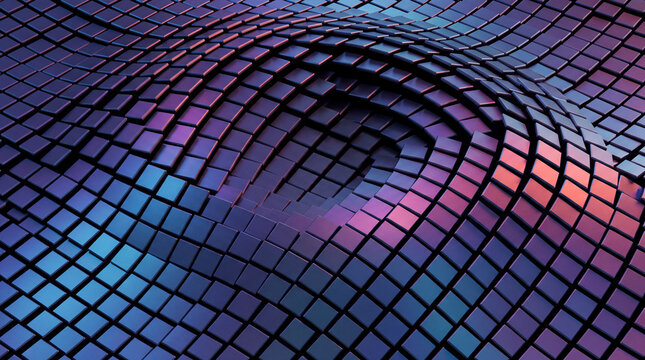 Spiral vortex of iridescent cubes swirling into darkness