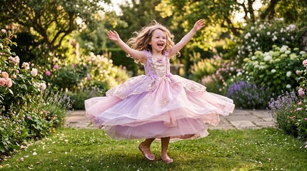 Fototapeta premium Joyful little girl in a princess dress twirling in a blooming garden with arms outstretched
