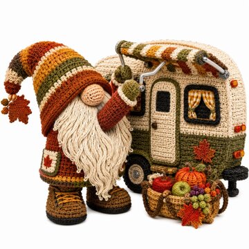 A crocheted gnome in autumn colors adjusts the awning of a crocheted camper, surrounded by a basket of crocheted fruits and pumpkins.