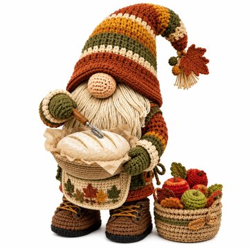 A crocheted autumn-themed gnome holding a basket with a loaf of bread, next to a basket of colorful crocheted pumpkins and apples.