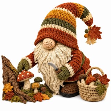 A crocheted gnome in autumn colors gathers mushrooms next to a tree stump, surrounded by fall leaves and a basket of mushrooms.