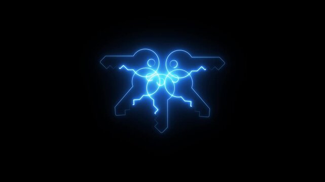Glowing blue neon keys icon on a dark background