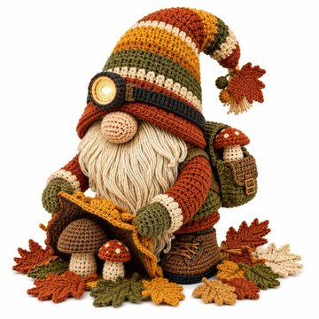 A crocheted gnome with a headlamp, autumn leaves, and mushrooms, featuring warm fall colors and detailed textures.