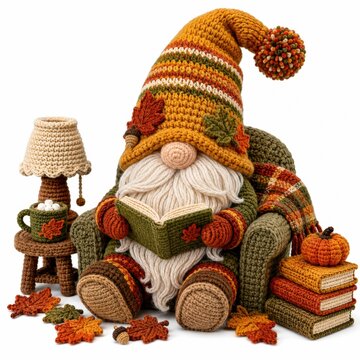 A cozy crocheted gnome in autumn colors reads a book, surrounded by fall leaves, a cup of marshmallows, a lamp, and a pumpkin on stacked books.