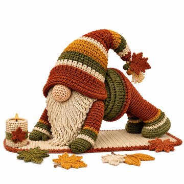 A crocheted gnome in autumn colors is posed in a yoga stretch, surrounded by fall leaves and a lit candle, evoking cozy, handmade seasonal decor.