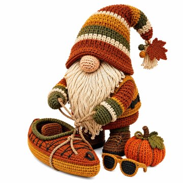 A crocheted gnome with autumn colors holds a pumpkin-shaped shoe, accompanied by a pumpkin and sunglasses, evoking a cozy fall vibe.