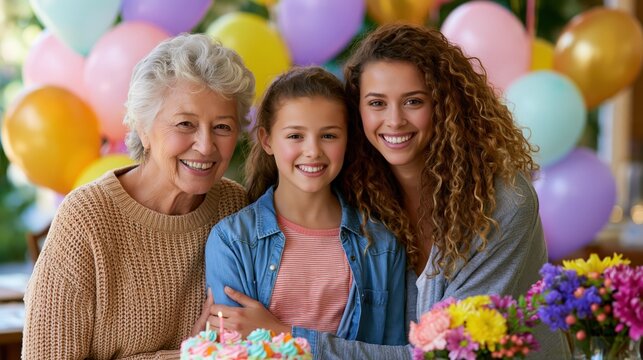 Three generations of smiling women celebrating a birtay with a cake and balloons in bright daylight