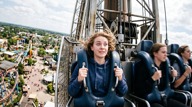 Young woman with wide eyes and windblown hair on a thrilling amusement park drop tower ride