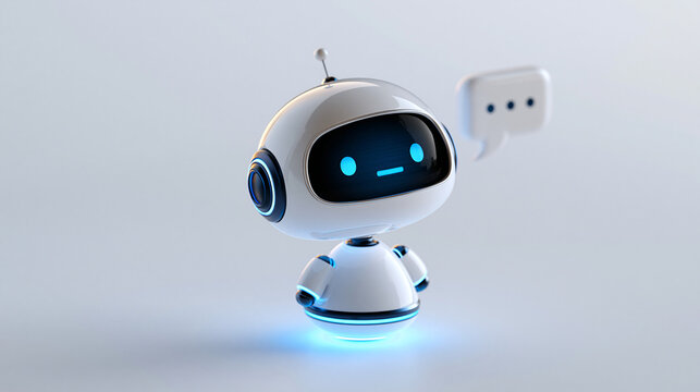 Friendly digital chatbot robot assistant figure with a chat bubble on a bright clean background with soft blue glow cute robot chat assistant customer service bot dialogue