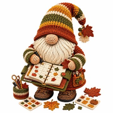 A crocheted gnome in autumn colors holding a planner with fall-themed stickers and surrounded by crafting tools and leaves.