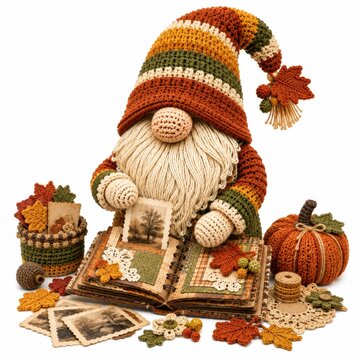 A crocheted gnome with autumn colors decorates a scrapbook surrounded by fall-themed items like crocheted leaves, a pumpkin, and vintage photos.