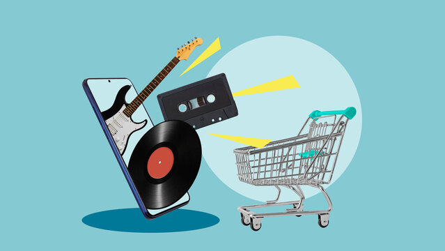 Music Streaming Digital Media Shopping Concept with Smartphone Vinyl Record Cassette Tape Electric Guitar and Online Entertainment Purchases E Commerce and Audio Technology