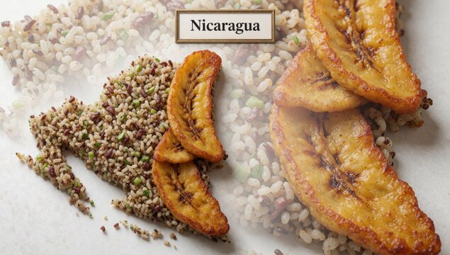 Plate food word nicaragua written cursive font top left side there several pieces fried plantains arranged cir
