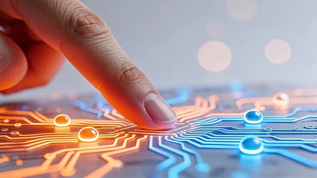 Finger touching glowing circuit board