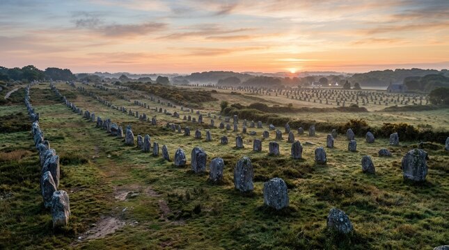 Ancient Standing Stones Aligning Across a Misty Landscape at Sunrise.
