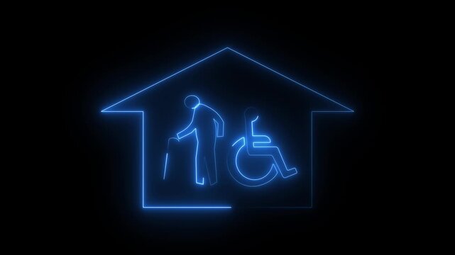Neon house icon with elderly person and wheelchair symbol