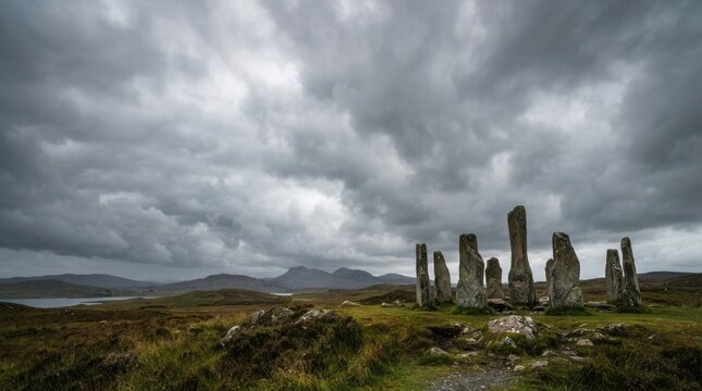 Ancient Standing Stones Under Dramatic Scottish Sky.