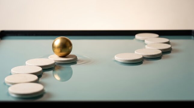 Gold sphere resting on white stepping stones over dark reflective water