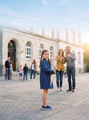 Fototapeta premium Mädchen zeigt stolz ihre Schultüte vor dem Schulgebäude