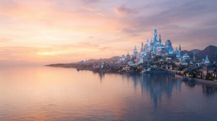 Naklejka premium Enchanting Fantasy Castle City Reflecting in Calm Water at Sunset.