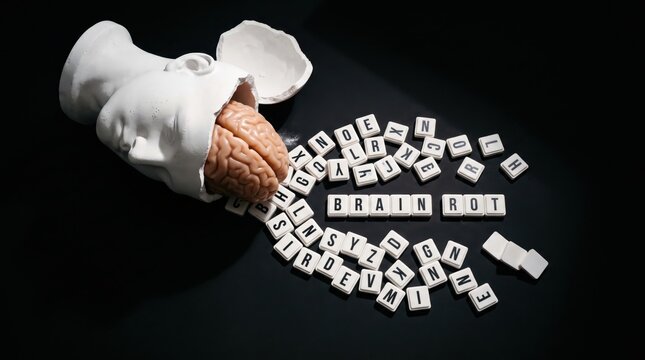 White plaster bust with brain spilling among scattered letter tiles