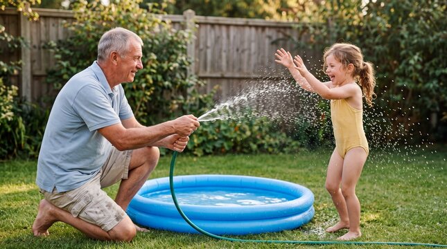 Gro&szlig;vater spritzt Enkelin mit Gartenschlauch am Pool nass