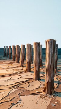 Holzpfosten eines Stegs im Trockenen als Papierkunst Nahaufnahme