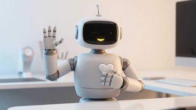 Friendly service robot waving hello with glowing eyes. Futuristic AI assistant greeting customer in modern office setting.