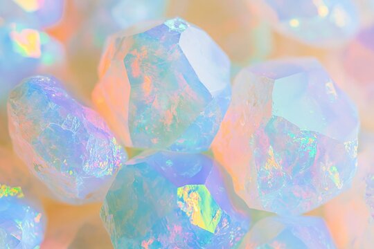 Faceted opalite stone cluster macro detail showcasing iridescent colors and unique shapes, illuminated by soft light against a blurred background