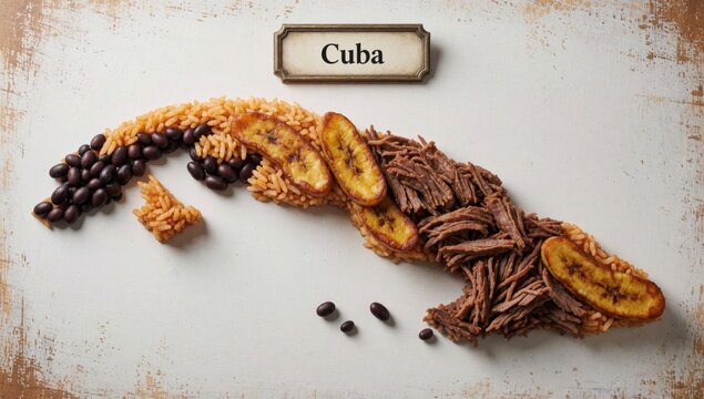 Flat lay cuban food dish arranged shape fish word cuba written cursive font top made bed yellow rice sliced ba