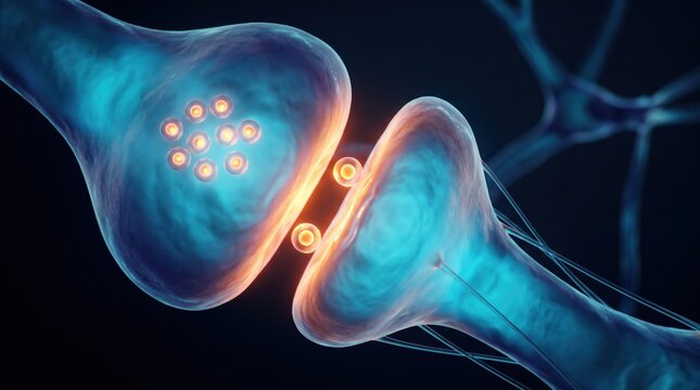 Glowing neurotransmitter particles crossing synaptic gap between neurons