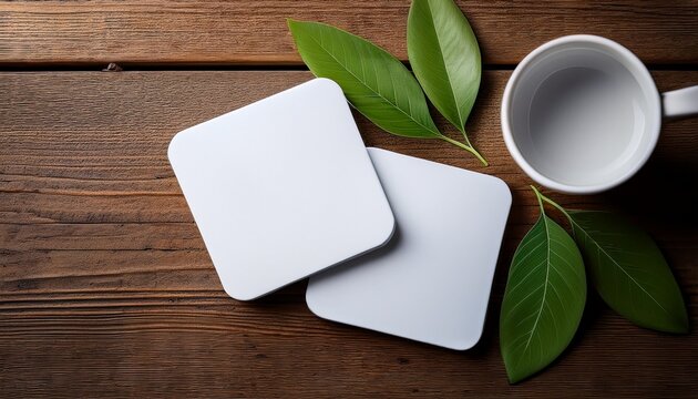 Mockup Of Two Blank Square Coasters On Rustic Wooden Table A Minimalist Mockup Of Two Blank White Coasters Placed On A Rustic Wooden Surface With A White Cup And Green Leaves Ideal For Branding Or D