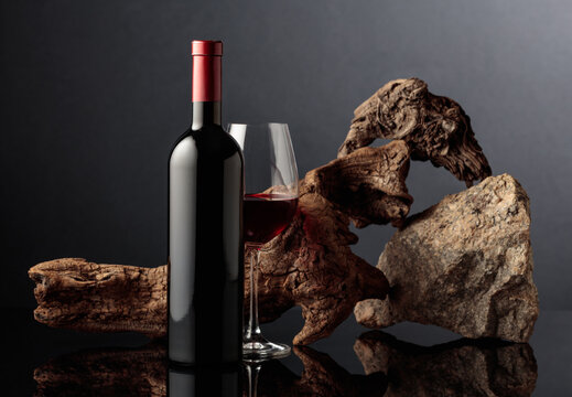 Glass and bottle of red wine with old wooden snag and a piece of granite rock.