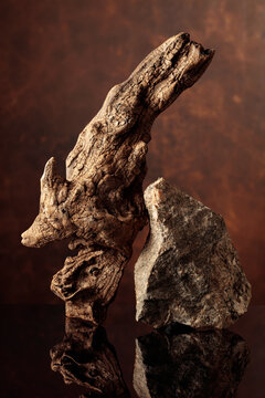 An old driftwood log and a piece of granite rock on a black reflective background.