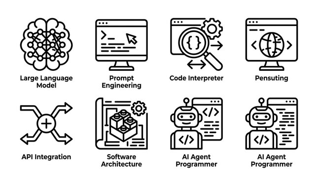 AI Development and Machine Learning Technology Line Icon Set