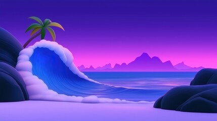 3 d stylized tropical beach with crashing blue wave and purple sunset