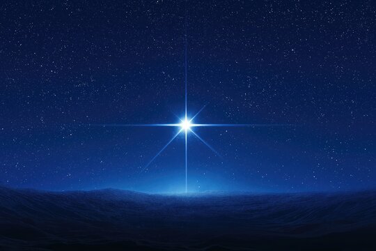 Bright four-pointed star shining over a dark rolling landscape at night