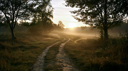 Fototapeta premium peaceful natural pathway at sunrise with morning mist, quiet landscape journey toward clarity and meaning, serene forest trail symbolizing direction and reflection