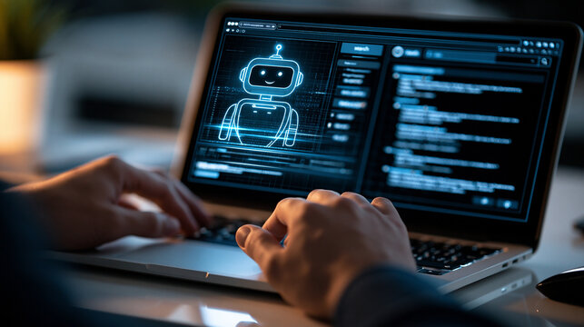 Man's hands using a laptop for searching with an intelligent chatbot interface open on the bright screen faceless hands only framing clean desk with blue interface glow