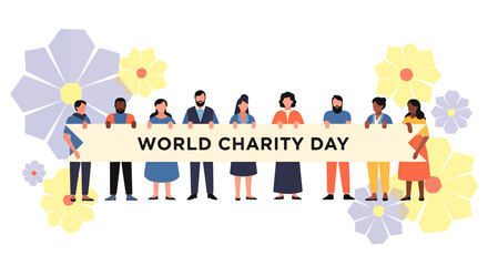 Fototapeta premium Group of people holding world charity day banner with floral decoration