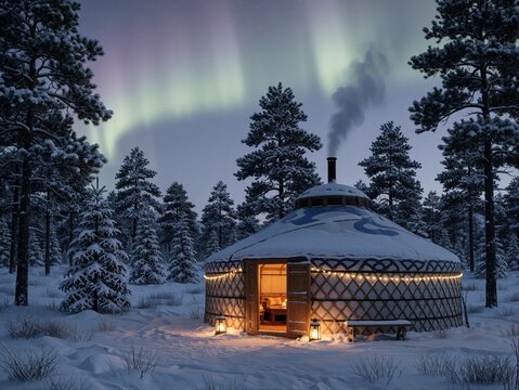 Snow Covered Yurt Glowing Under Northern Lights in Tranquil Winter Forest at Night