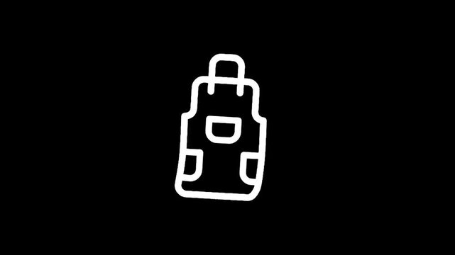 Simple white line art icon of a chef's apron with pockets on a black background