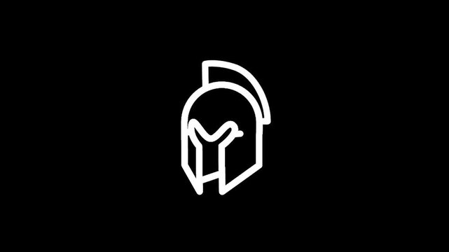 Minimalist white outline of a Spartan helmet on a stark black background