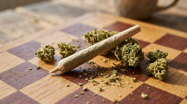Rolled cannabis joint resting on a wooden surface with dried marijuana buds, symbolizing relaxation and herb culture.