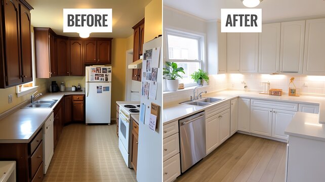 Before and after kitchen renovation with new white cabinets