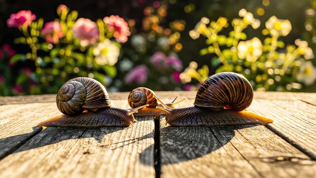 Snails crawling on wooden surface with garden flowers background
