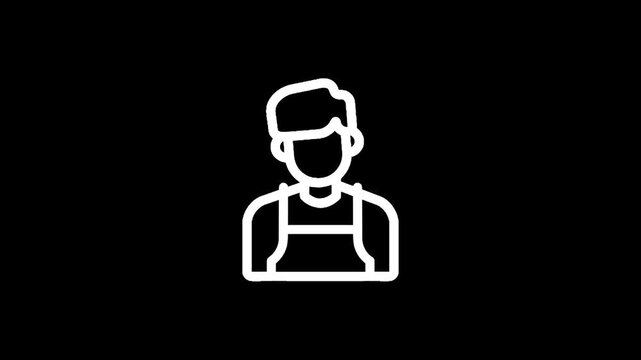Simple white line icon of a person wearing overalls on a black background