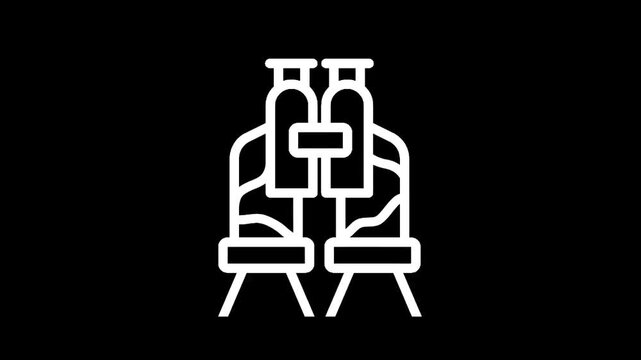 Stylized white outline of binoculars on a solid black background, minimalist design