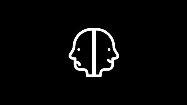 Split personality icon showing contrasting emotions of happiness and sadness on a black background
