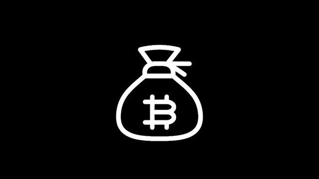 White bitcoin money bag icon on black background, representing cryptocurrency wealth and investment